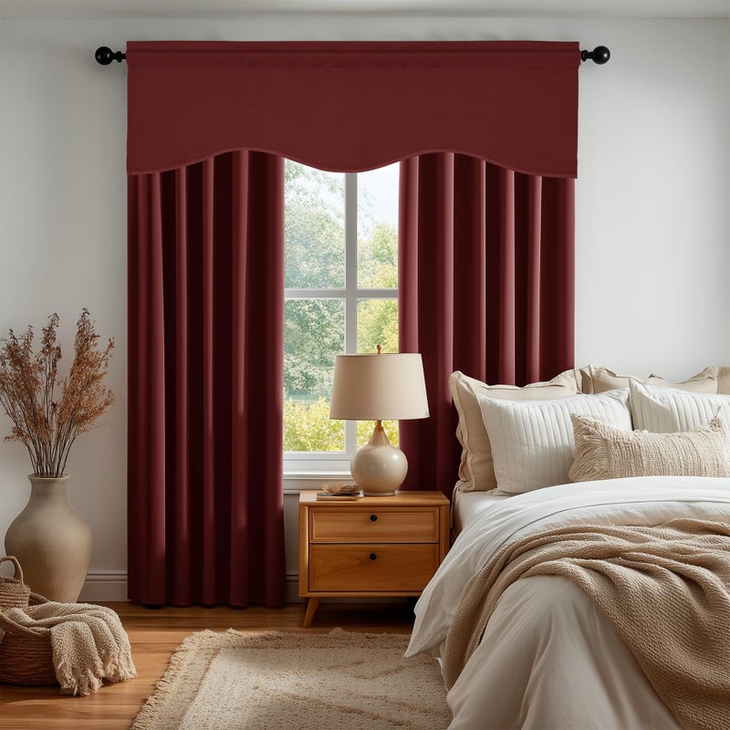 Deconovo Red Valances for Windows, Christmas Curtains, Scalloped Valance for Living Room Bedroom Festival Party Home Decor, Short Curtain Blackout, Rod Pocket, 42x18 Inch, 1 Panel, Maroon Red - Image 3